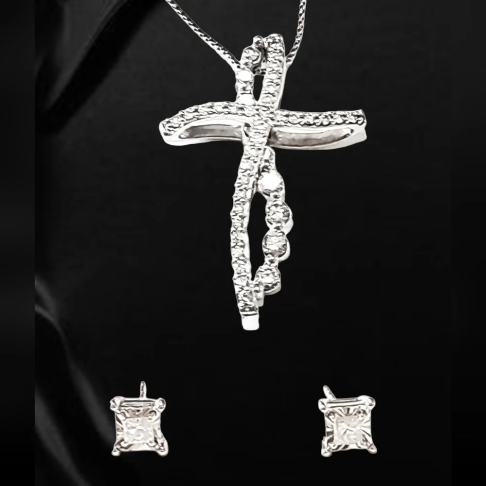 14K White Gold Convertible Cross Pendant with Natural Diamonds & Stud Earring